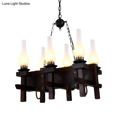 Chandelier by Decorbites: black frosted glass with wood beam, six candle bulbs on Tampa Home & Garden Store