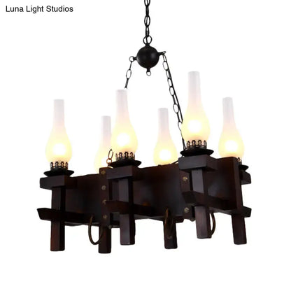 Black Frosted Glass Chandelier with Wood Beam, candle bulbs, chain-hung Decorbites on Tampa Home & Garden Store