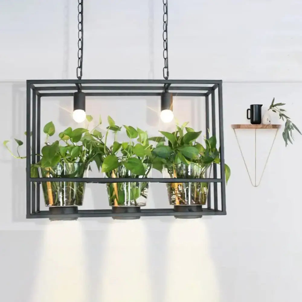 Black iron pendant light frame with two bulbs and three glass planters on Tampa Home & Garden Store
