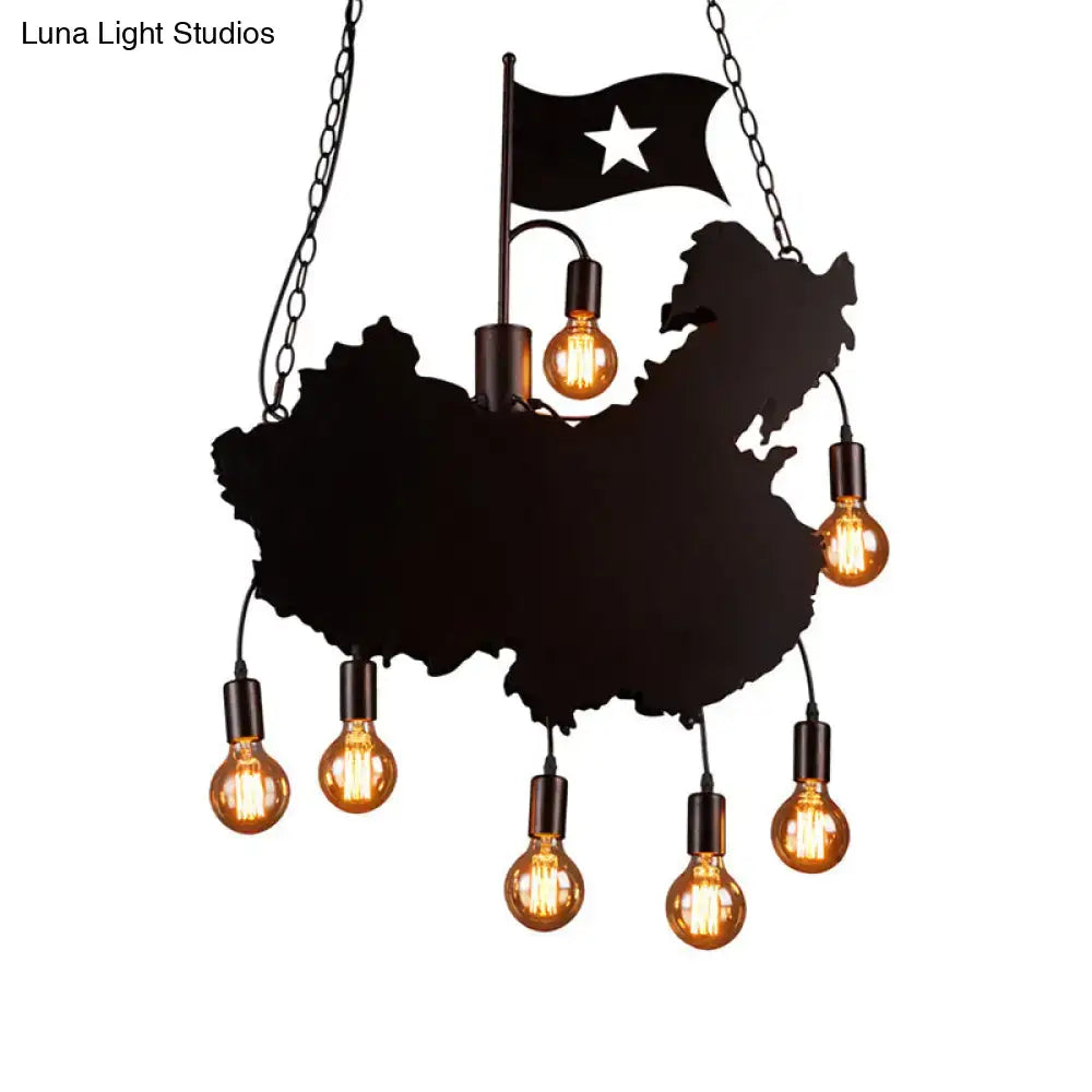 Black Iron Chandelier Light in map silhouette design with hanging Edison bulbs on Tampa Home & Garden Store
