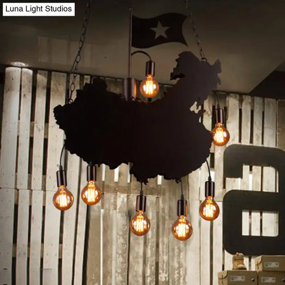 Black iron chandelier light featuring a China map silhouette and warm Edison bulbs on Tampa Home & Garden Store