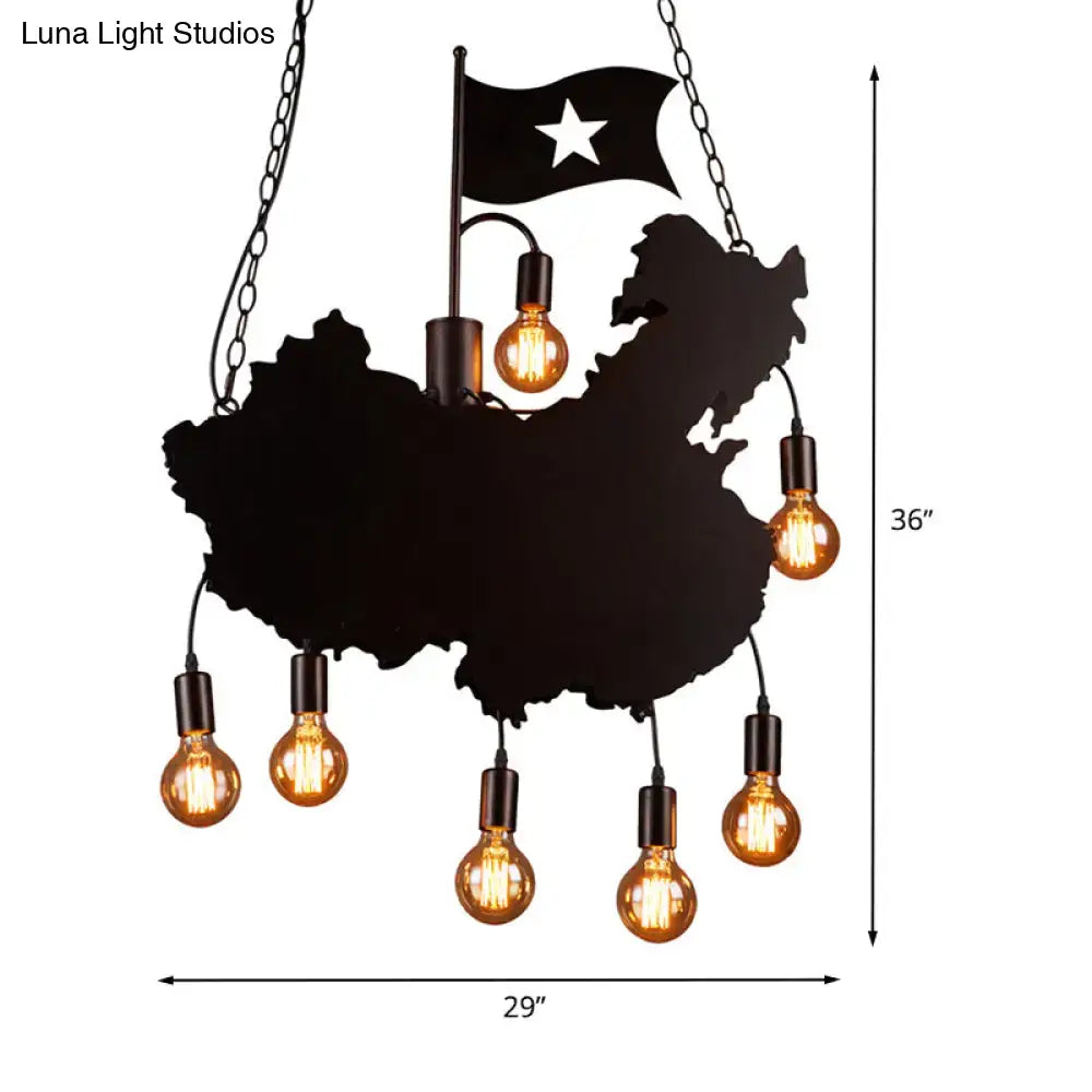 Black Iron Chandelier Light by Decorbites, map silhouette of China with multiple Edison bulbs on Tampa Home & Garden Store
