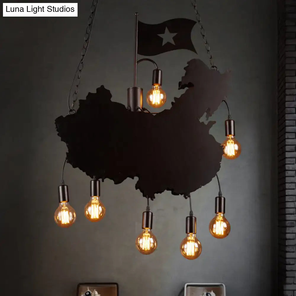 Black Iron Chandelier Light with map silhouette, chain-hung, 8 warm Edison bulbs on Tampa Home & Garden Store