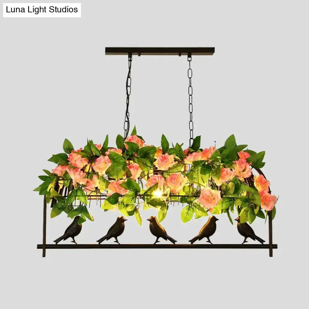 Industrial metal birdcage flower pendant light with pink roses and green leaves, four birds on Tampa Home & Garden Store