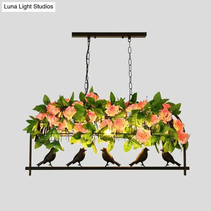 Industrial metal birdcage flower pendant light with pink roses and green leaves, four birds on Tampa Home & Garden Store