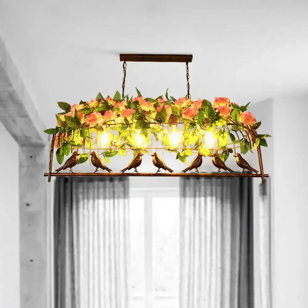 Industrial metal birdcage pendant light with pink roses and green leaves, six birds on base on Tampa Home & Garden Store