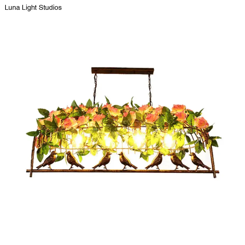 Industrial metal birdcage flower pendant light with pink roses, six birds, warm bulbs on Tampa Home & Garden Store