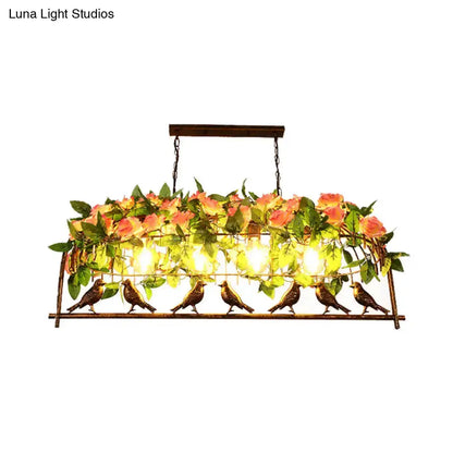 Industrial metal birdcage flower pendant light with pink roses, six birds, warm bulbs on Tampa Home & Garden Store