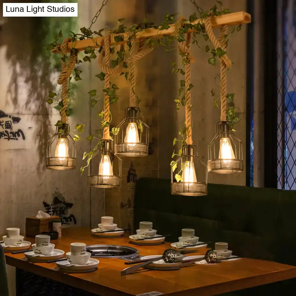 Rustic wood rope caged island pendant lights by Decorbites, six lanterns with Edison bulbs on Tampa Home & Garden Store