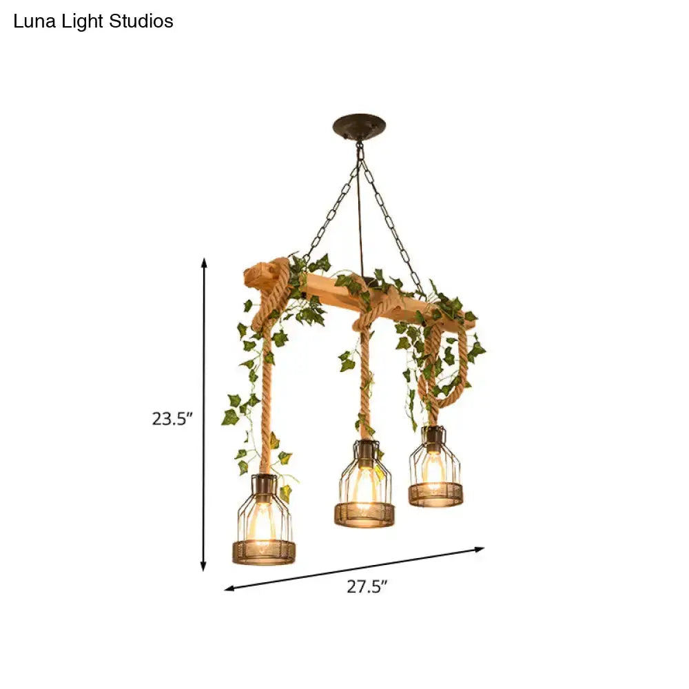 Rustic wood and rope caged island pendant light with three lantern bulbs and ivy Decorbites on Tampa Home & Garden Store