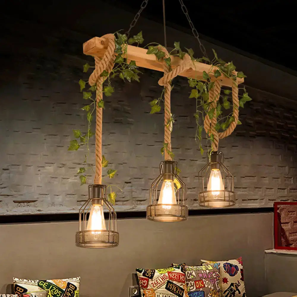 3-light rustic wood and rope caged island pendant lights over a kitchen island on Tampa Home & Garden Store
