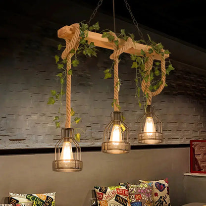 3-light rustic wood and rope caged island pendant lights over a kitchen island on Tampa Home & Garden Store