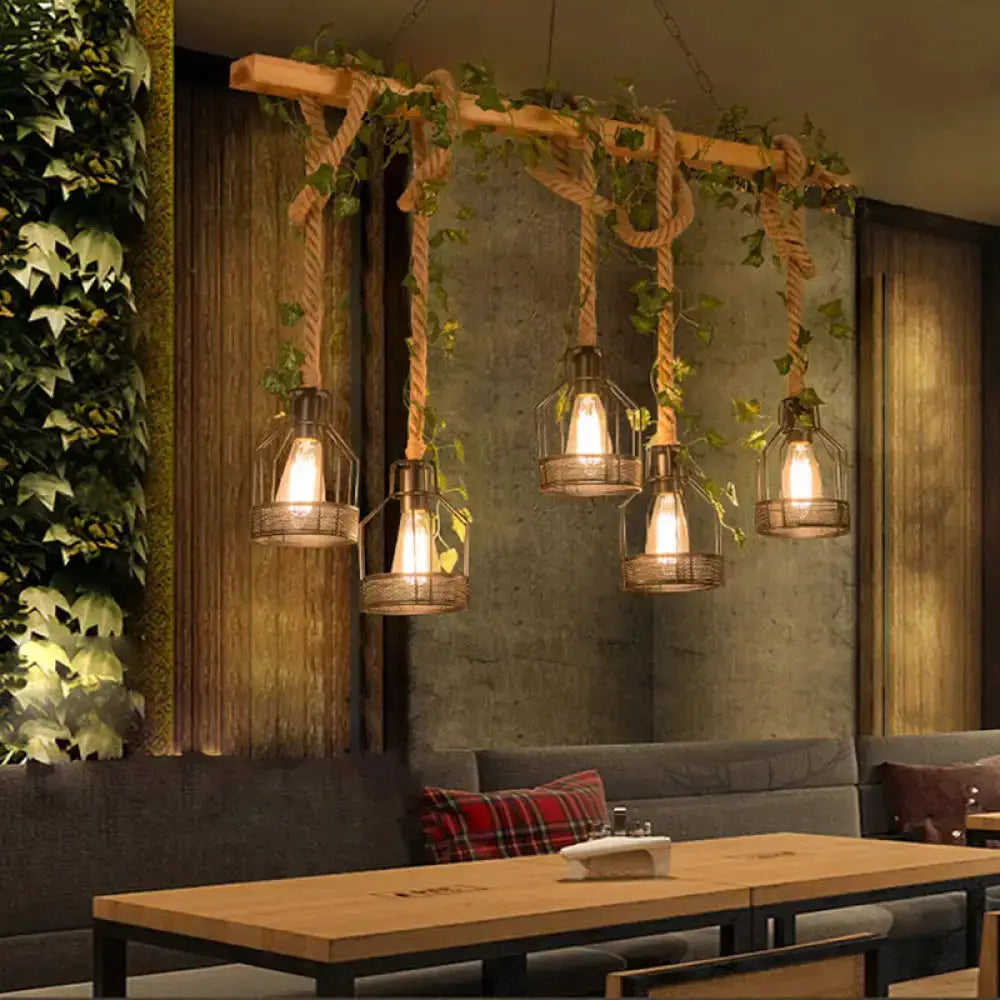 Rustic wood rope caged five-light pendant light Decorbites over island with bulbs on Tampa Home & Garden Store