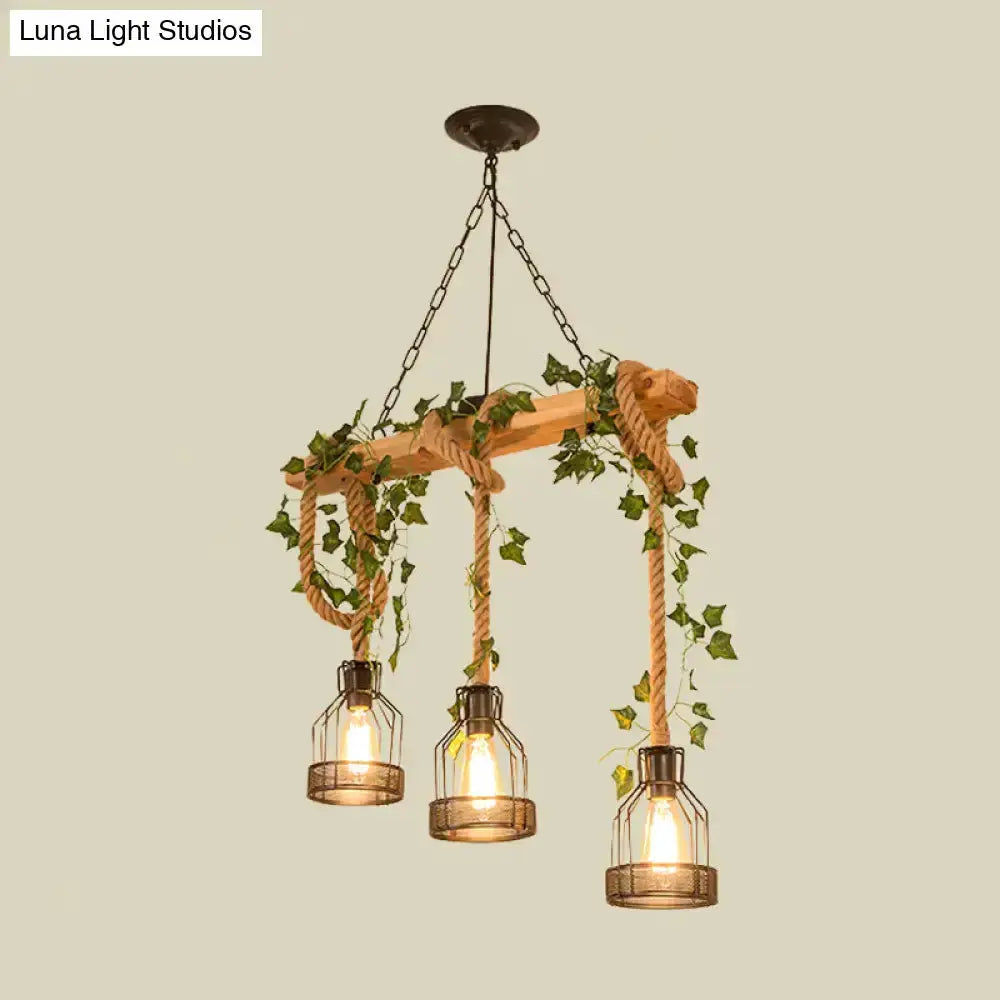 Rustic wood and rope island pendant lights, trio with metal cages and ivy, Decorbites on Tampa Home & Garden Store