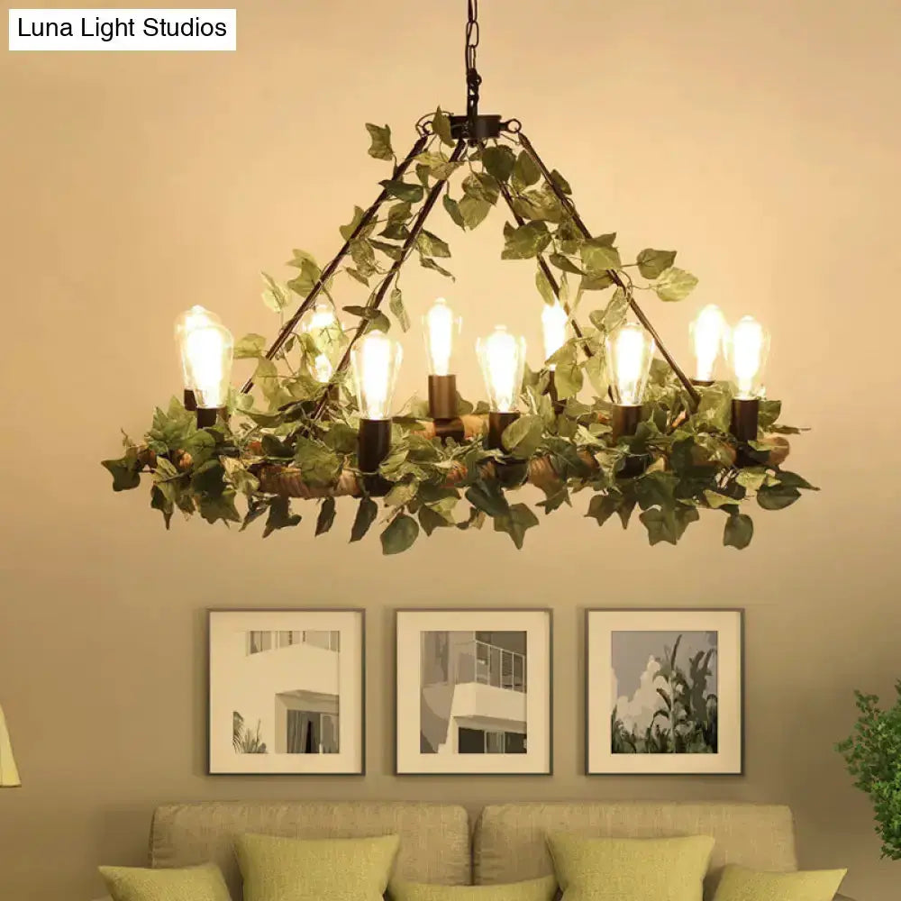 Industrial ivy LED pendant light with black metal frame and green ivy wrap, eight bulbs on Tampa Home & Garden Store
