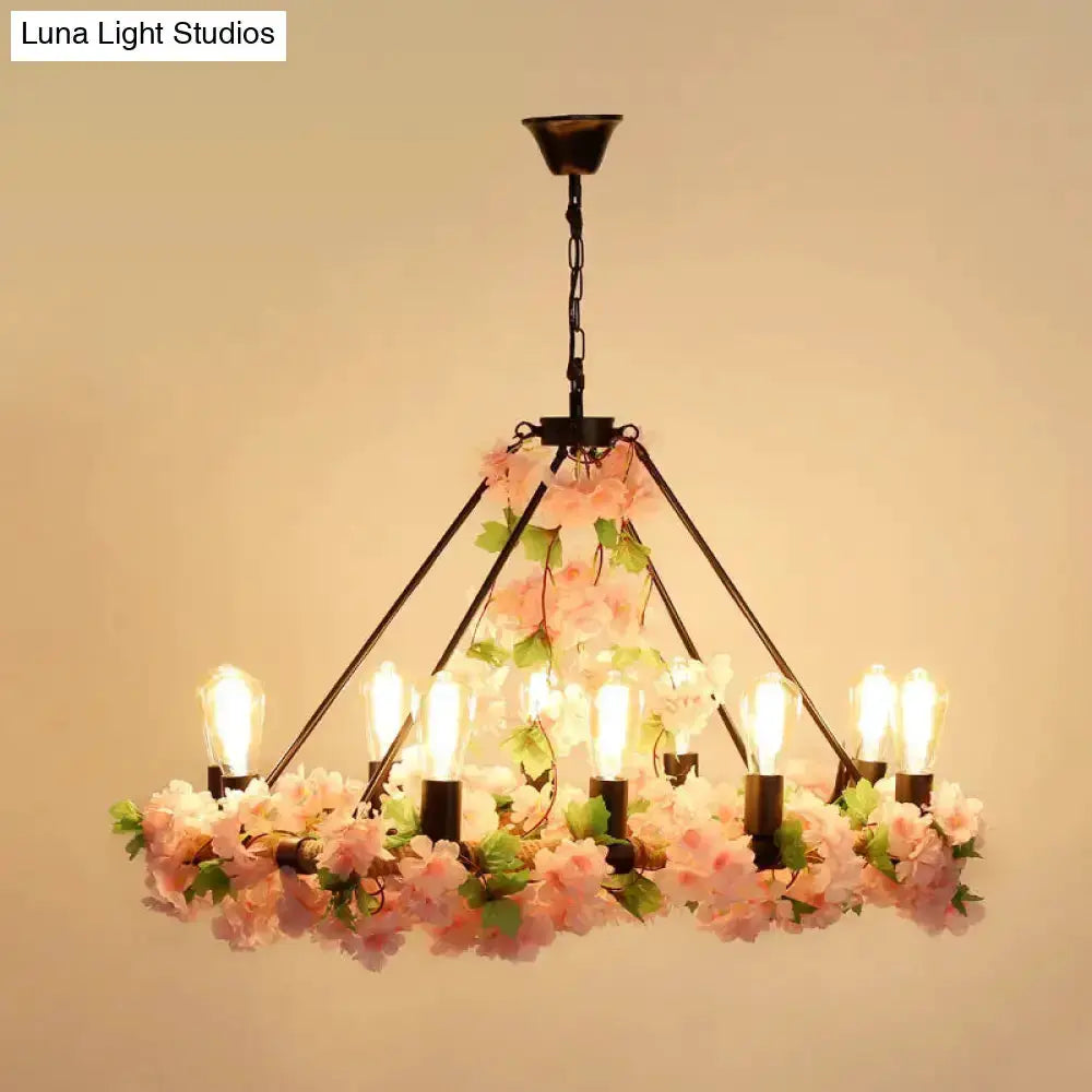 Industrial pink & green ivy LED pendant light with iron frame and floral garlands, 8 bulbs on Tampa Home & Garden Store