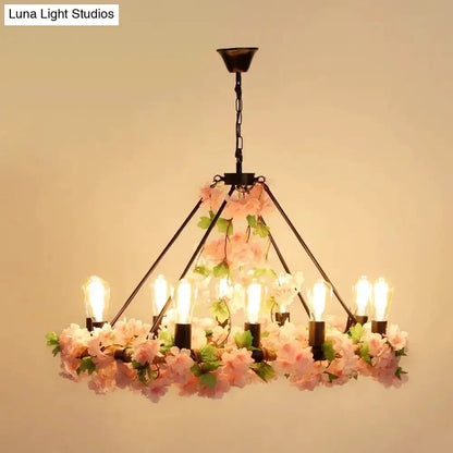 Industrial pink & green ivy LED pendant light with iron frame and floral garlands, 8 bulbs on Tampa Home & Garden Store