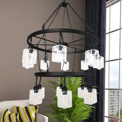 Decorbites Black Glass Chandelier Two-Tier Industrial Design with hanging glass lanterns on Tampa Home & Garden Store