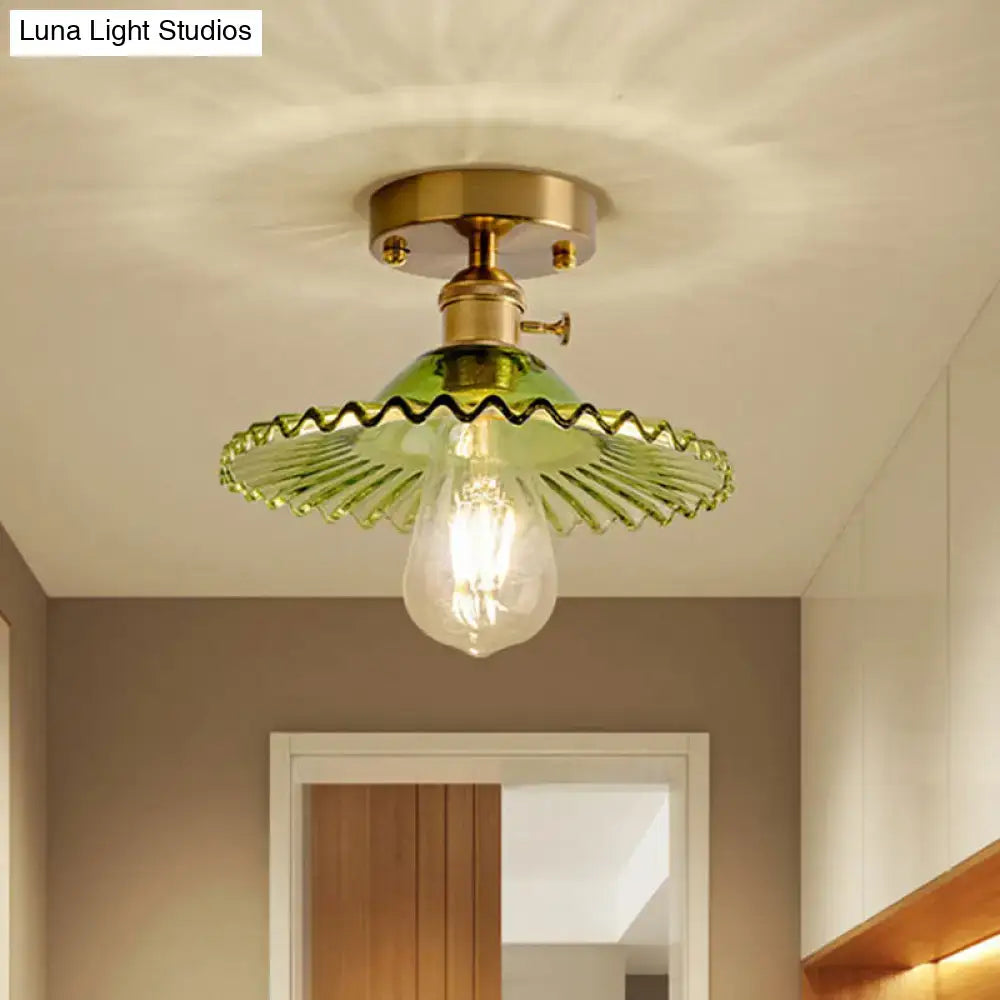 Scalloped glass ceiling light by Decorbites, green ribbed rim flush mount brass hardware on Tampa Home & Garden Store