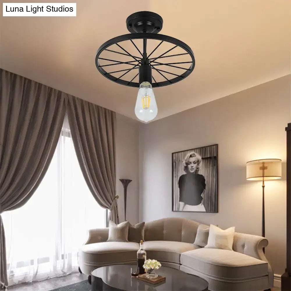 Black Wheel Ceiling Light flush mount with exposed bulb and wheel frame Decorbites on Tampa Home & Garden Store