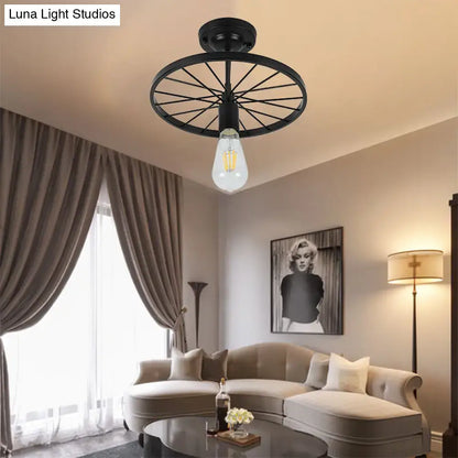 Black Wheel Ceiling Light flush mount with exposed bulb and wheel frame Decorbites on Tampa Home & Garden Store