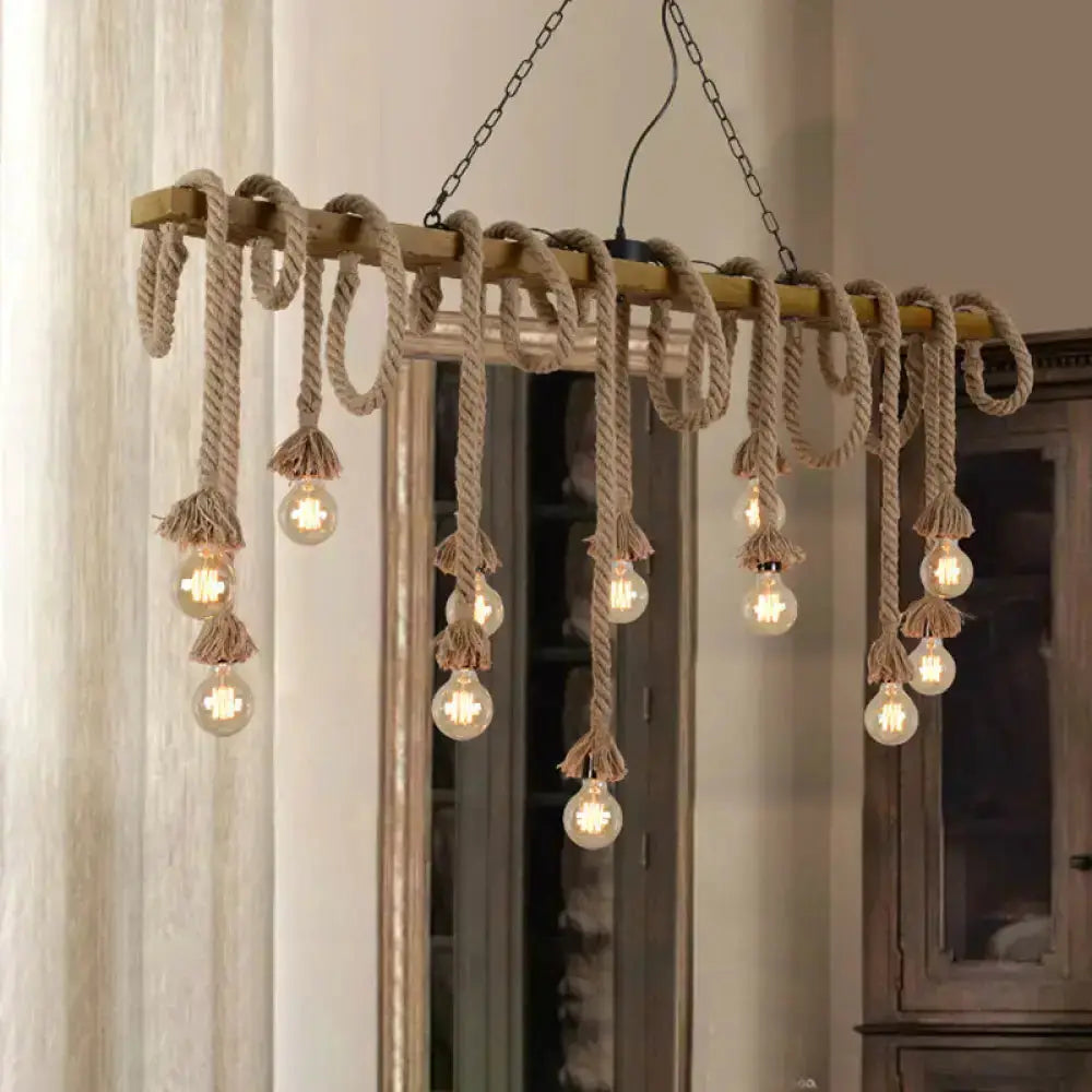 Industrial wood beige island chandelier with rope pendant lights and tassels on Tampa Home & Garden Store