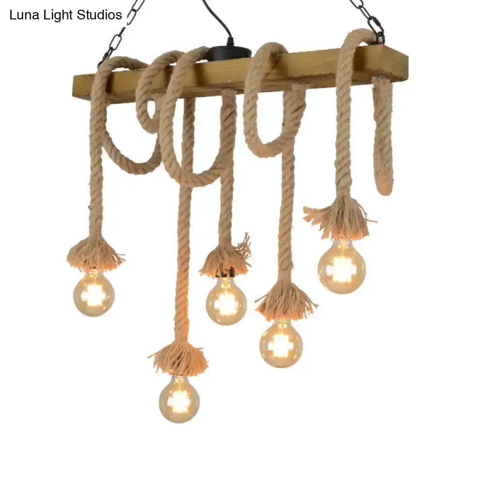 Industrial wood beige island chandelier dining room rope pendant light with six exposed bulbs by Decorbites on Tampa Home & Garden Store