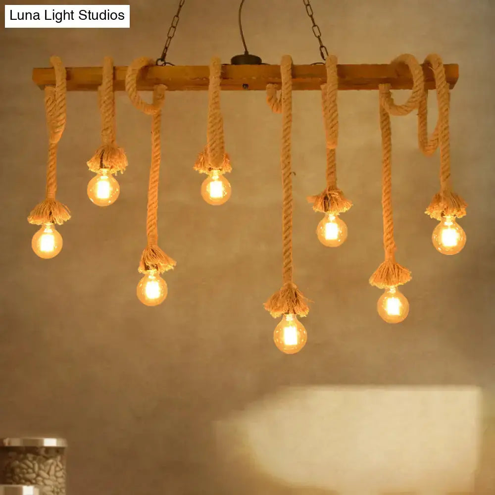 Industrial rope pendant island chandelier in beige wood with bulbs by Luna Light Studios on Tampa Home & Garden Store