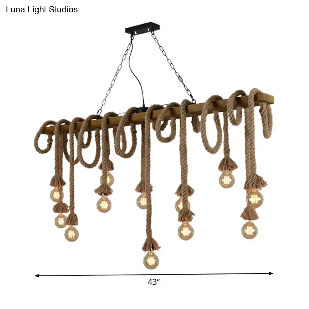 Industrial wood beige rope island chandelier with hanging bulb pendants and tassels, 43in wide on Tampa Home & Garden Store