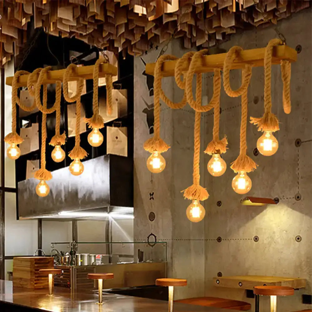Industrial beige wood rope island chandelier with looping rope pendants and warm Edison bulbs on Tampa Home & Garden Store