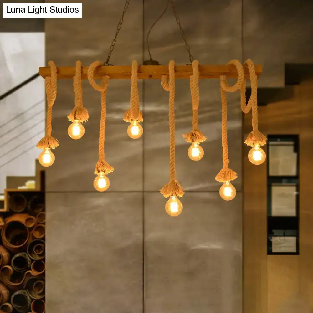 Industrial wood beige island chandelier with rope pendant bulbs by Decorbites warm Edison glow on Tampa Home & Garden Store