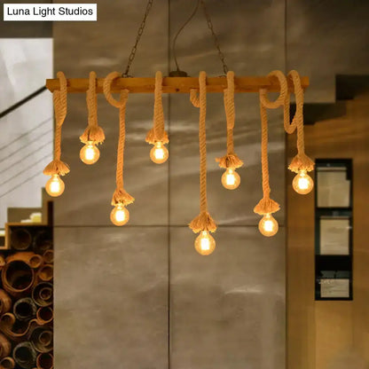 Industrial wood beige island chandelier with rope pendant bulbs by Decorbites warm Edison glow on Tampa Home & Garden Store