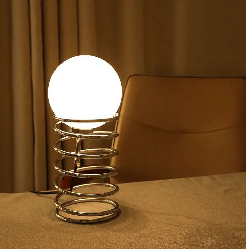 Chrome Glass USB Lamp with spherical white globe and spiral chrome base, table lamp on Tampa Home & Garden Store