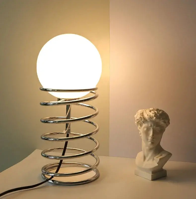 Chrome Glass USB Lamp table lamp with spiral chrome base and white glass globe on Tampa Home & Garden Store