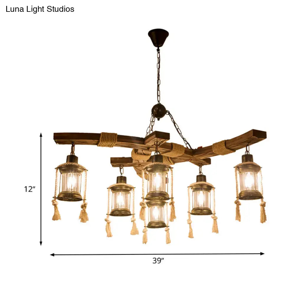 Decorbites Wood Glass Lantern Chandelier with wood beams and rope tassels, five lanterns on Tampa Home & Garden Store
