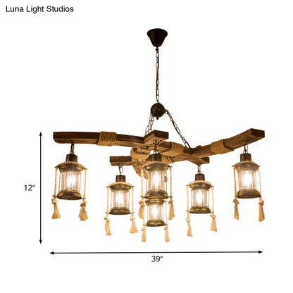 Decorbites Wood Glass Lantern Chandelier with wood beams and rope tassels, five lanterns on Tampa Home & Garden Store
