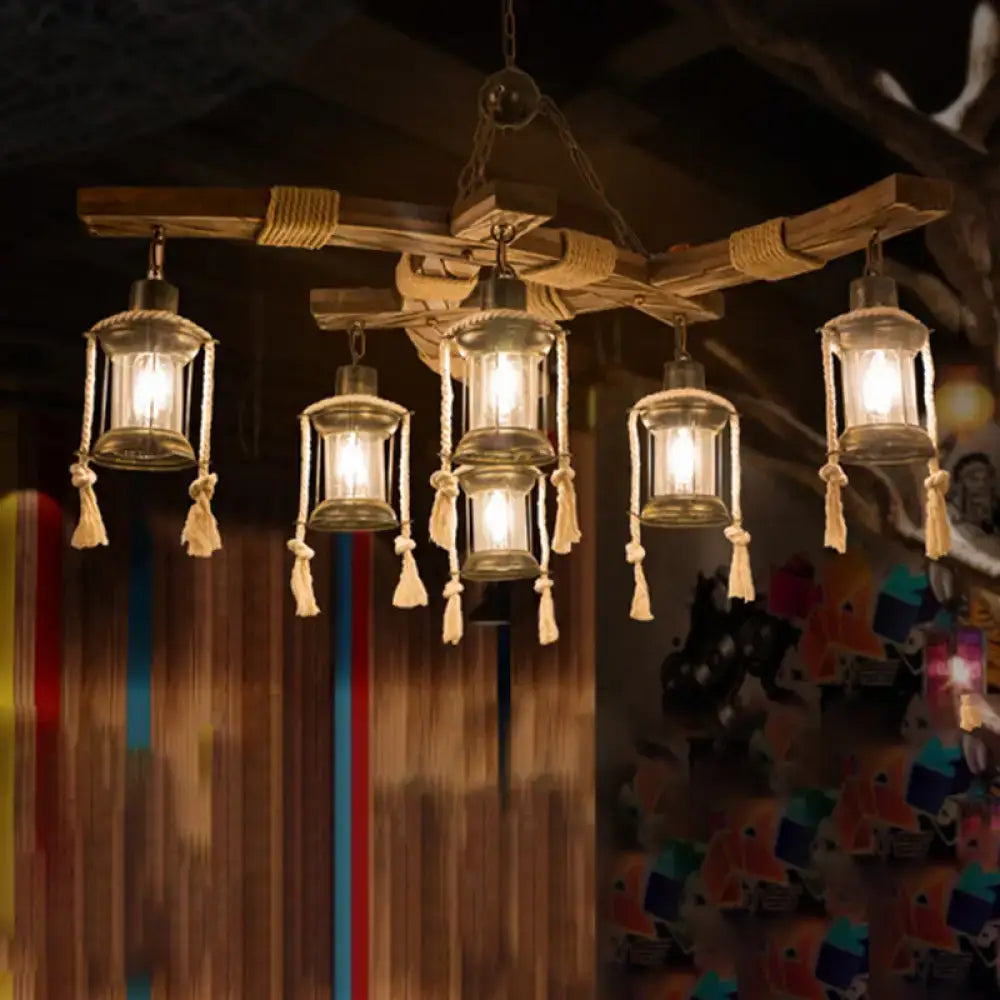 Wood Glass Lantern Chandelier with rustic wood frame, glass lanterns and knotted rope accents on Tampa Home & Garden Store