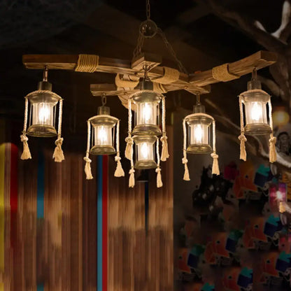 Wood Glass Lantern Chandelier with rustic wood frame, glass lanterns and knotted rope accents on Tampa Home & Garden Store