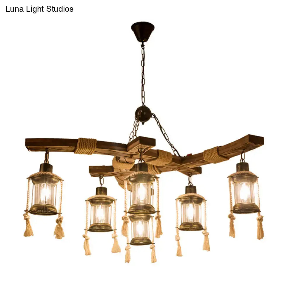 Wood Glass Lantern Chandelier rustic wood beam with 6 glass lanterns and rope tassels Decorbites on Tampa Home & Garden Store