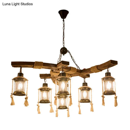 Wood Glass Lantern Chandelier rustic wood beam with 6 glass lanterns and rope tassels Decorbites on Tampa Home & Garden Store