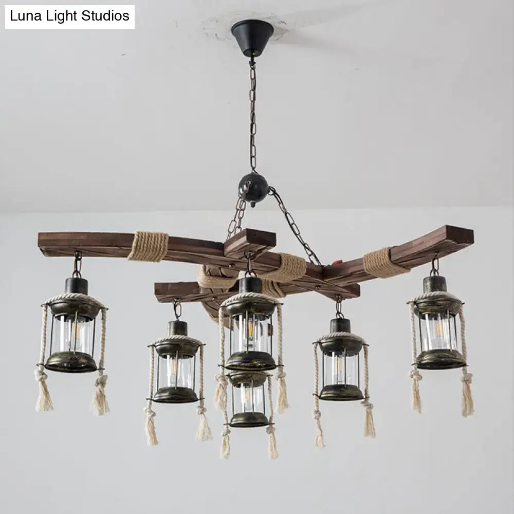 Wood Glass Lantern Chandelier by Decorbites; rustic wooden beams with six rope-wrapped lanterns on Tampa Home & Garden Store