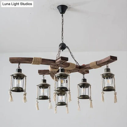 Wood Glass Lantern Chandelier by Decorbites; rustic wooden beams with six rope-wrapped lanterns on Tampa Home & Garden Store