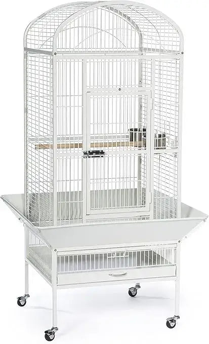 Chalk white metal birdcage by Decorbites with arched top and pane doors on a wheeled stand on Tampa Home & Garden Store