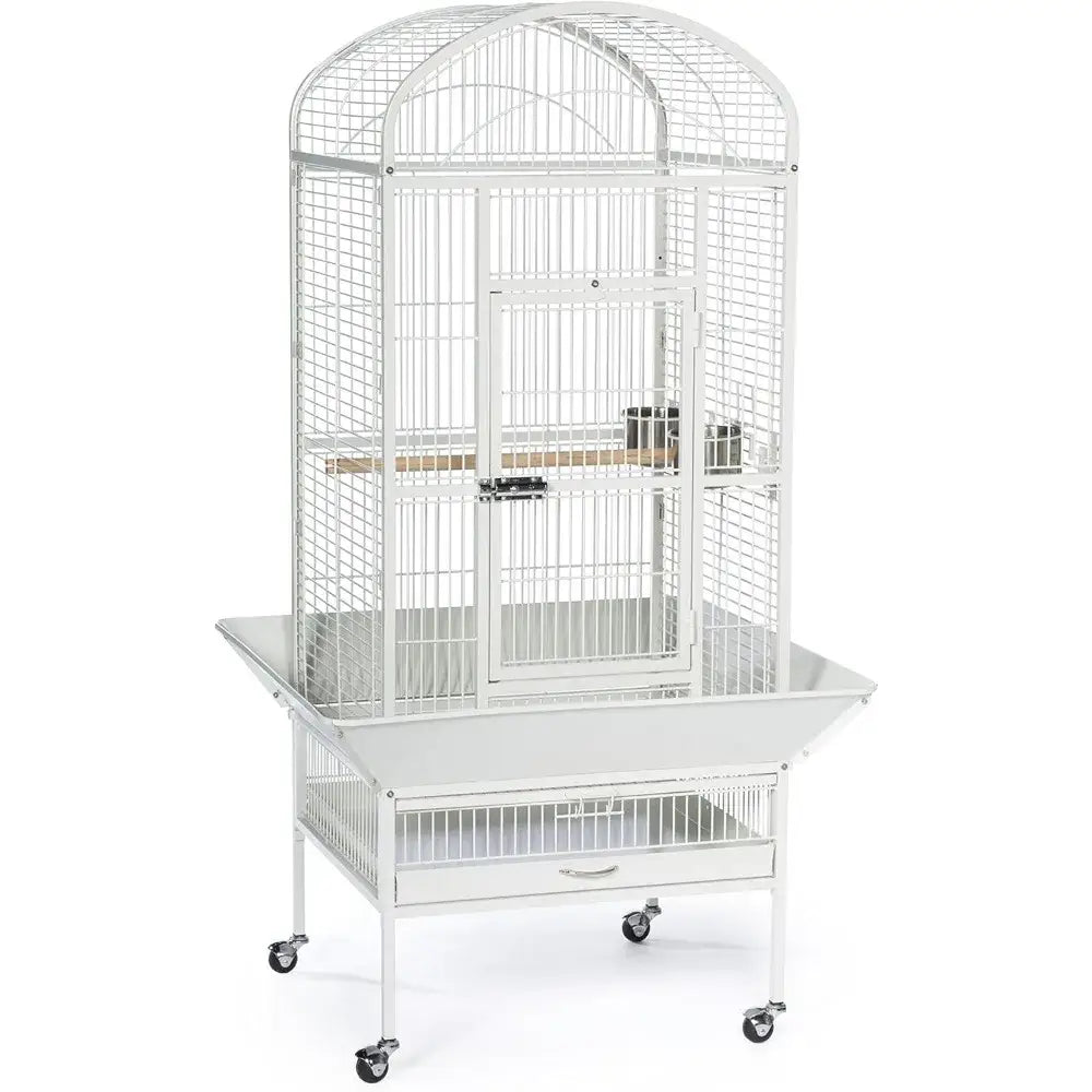 Chalk white metal birdcage on wheeled stand with drawer Decorbites Bird Cages & Stands on Tampa Home & Garden Store