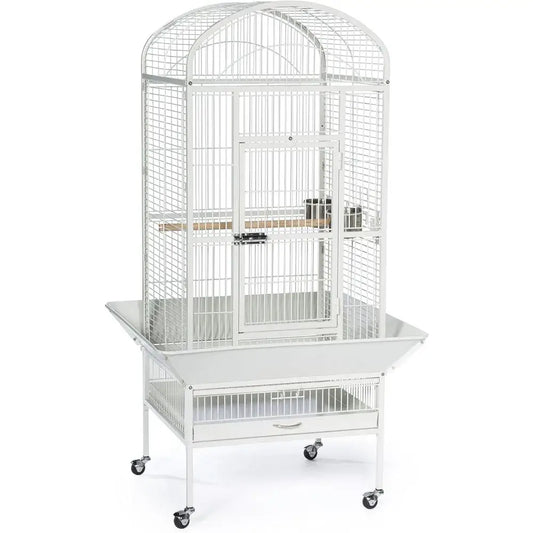 Chalk white metal birdcage on wheeled stand with drawer Decorbites Bird Cages & Stands on Tampa Home & Garden Store