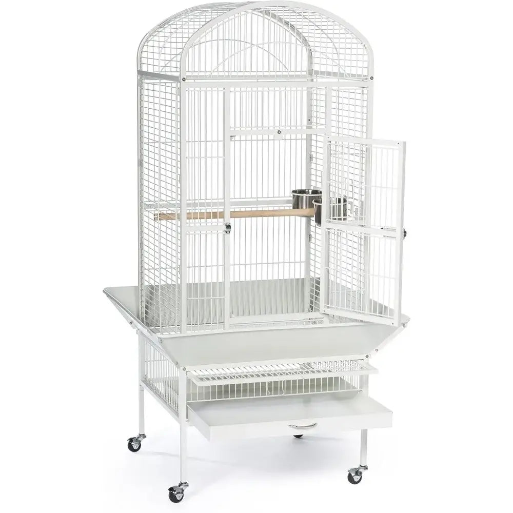 Chalk White metal birdcage by Decorbites on a wheeled stand with pullout tray and feeder cups on Tampa Home & Garden Store