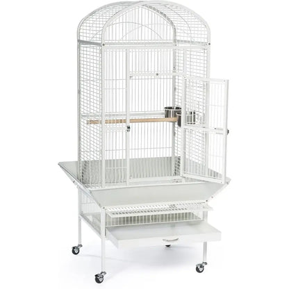 Chalk White metal birdcage by Decorbites on a wheeled stand with pullout tray and feeder cups on Tampa Home & Garden Store