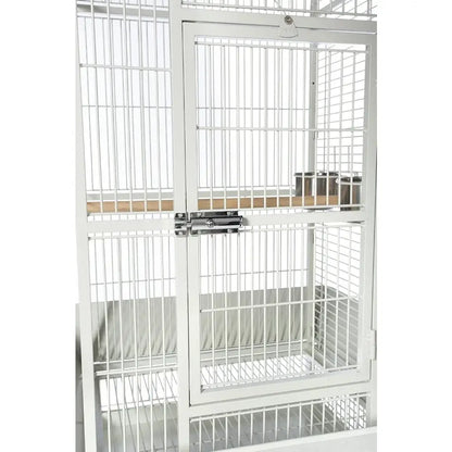 Chalk white Decorbites metal birdcage with multiple tiers and front latch on Tampa Home & Garden Store