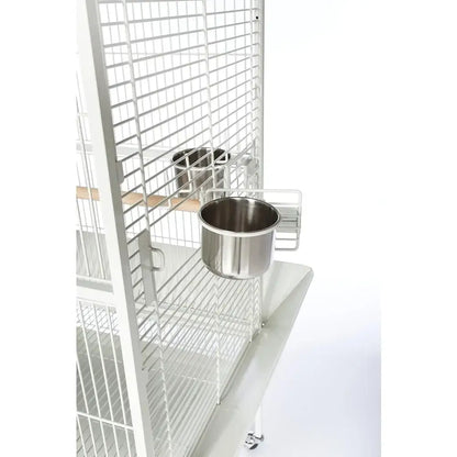 Chalk White Metal Birdcage by Decorbites with stainless steel feeding bowl on a wheeled stand on Tampa Home & Garden Store