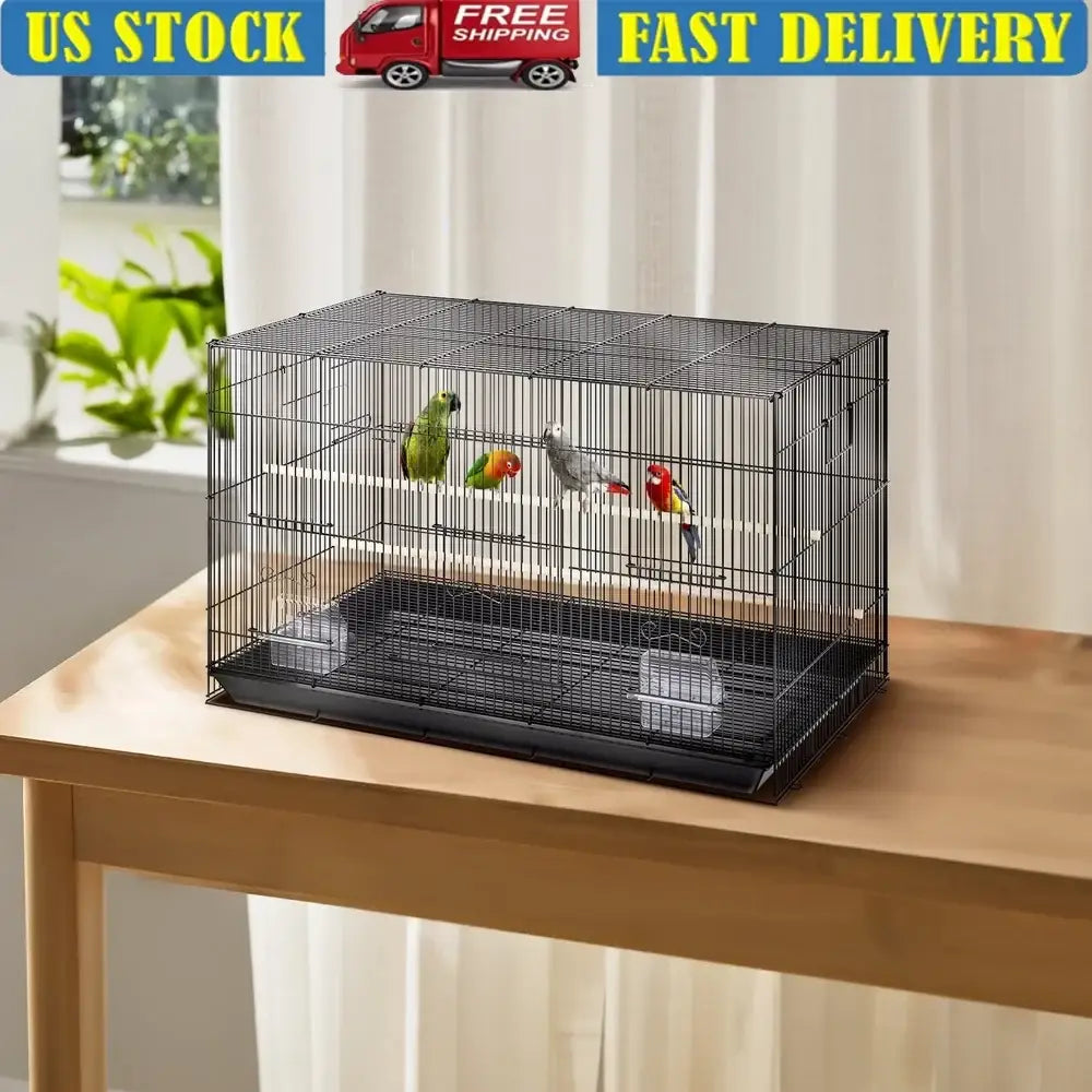 Large black metal bird cage for small birds with four colorful parakeets on a wooden table on Tampa Home & Garden Store